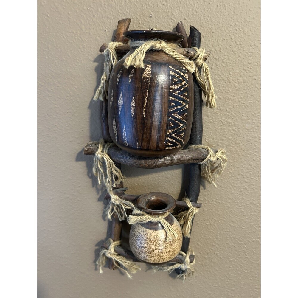Rustic Wall Hanging Pottery Décor – Tribal Style Mini Pots on Wood & Jute Frame